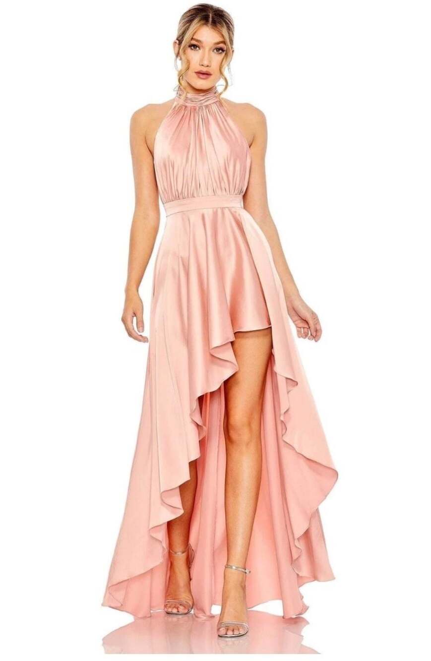 Ieena for Mac Duggal Satin Halter Neck High-Low Ruffle Gown in Blush Pink